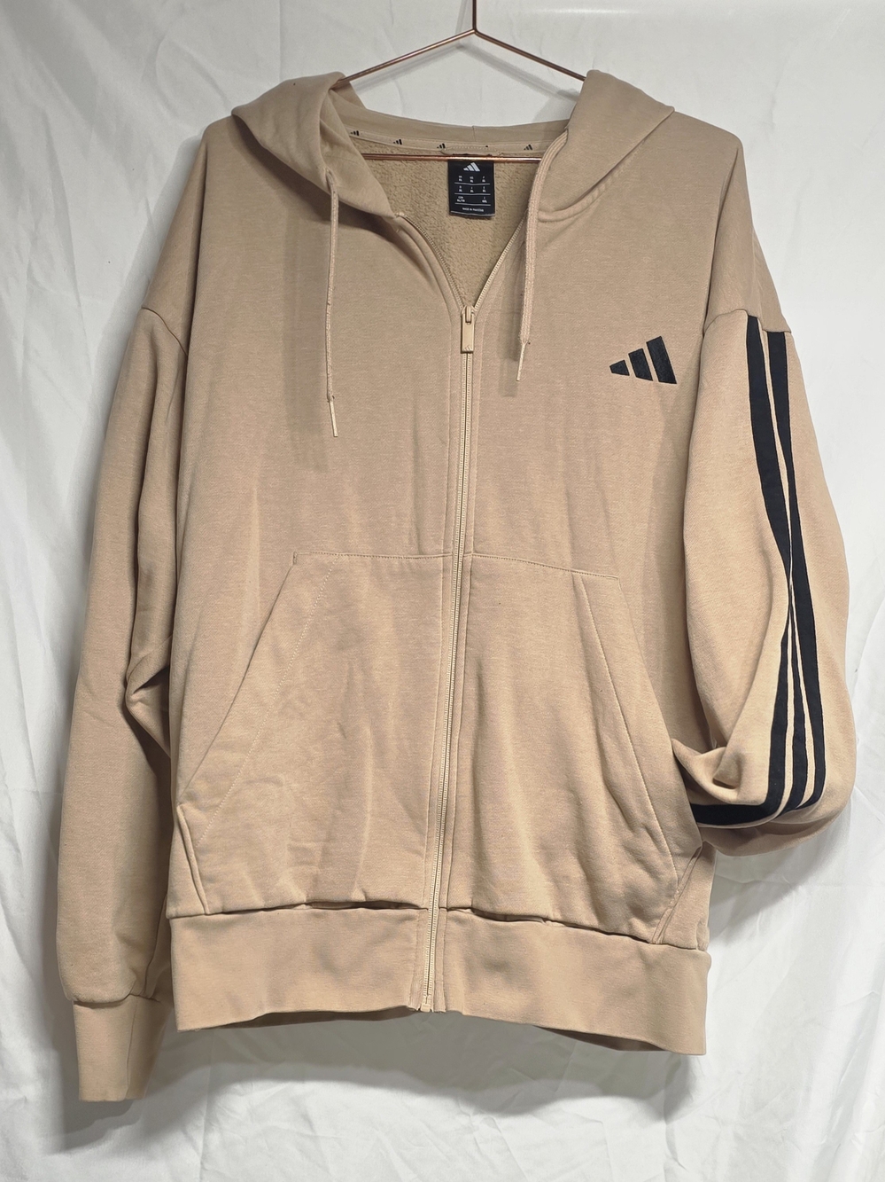 adidas Men’s Tan Zip-Up Hoodie with Black Stripe Detail